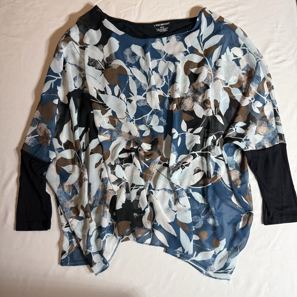 Lane Bryant Floral‎ Blouse 14 16 Blue Sheer Dolman Sleeve Boho Tunic Top